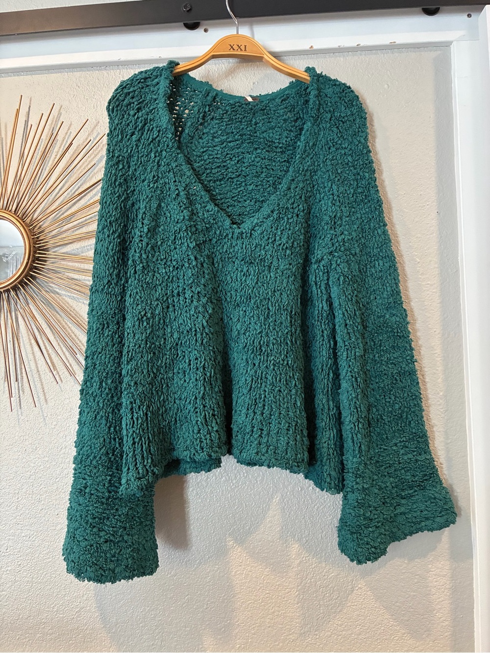 Free People Plush V-Neck Sweater in Teal Green